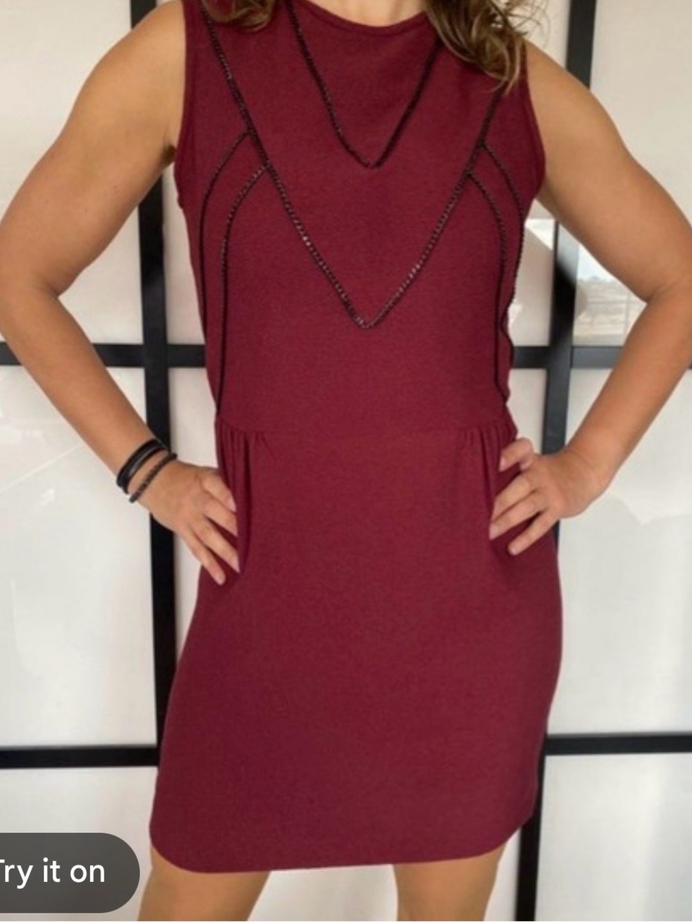 Sandi Paris Sleeveless Wine burgundy Mini Dress with Chevron Trim small